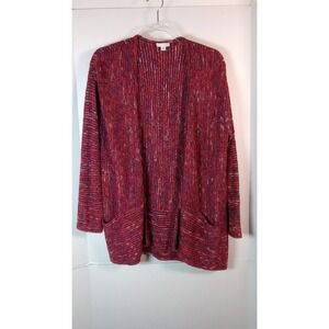 J Jill Sweater Women Sz SP Burgundy/Blue Mix CottonBlend Open Cardigan Pocket